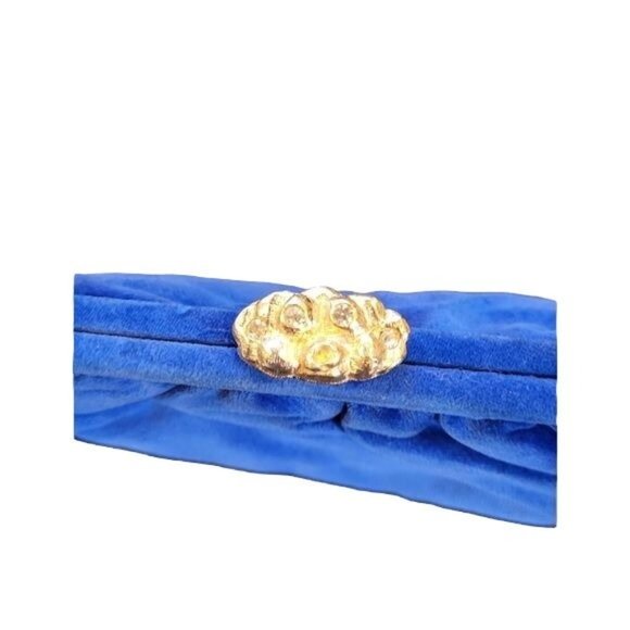 Beautiful Colbat Blue Velvet and Gold Accent Clutch Purse with Matching Gloves - Picture 8 of 16